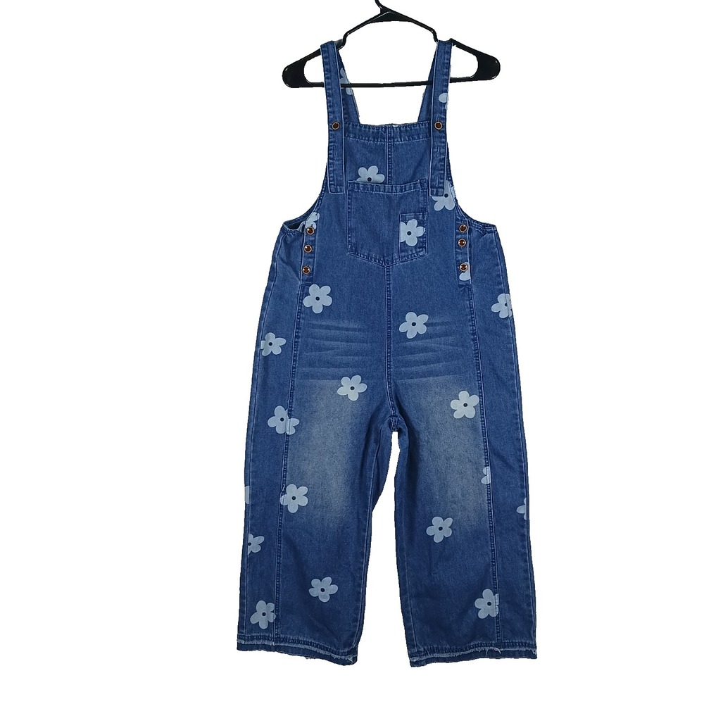 Denim Bib Overalls Women Size Small Blue Wide Leg Baggy Boho Floral Cottage